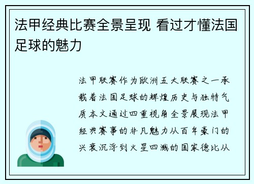 法甲经典比赛全景呈现 看过才懂法国足球的魅力
