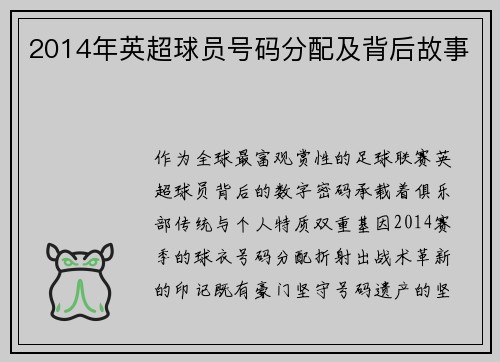 2014年英超球员号码分配及背后故事