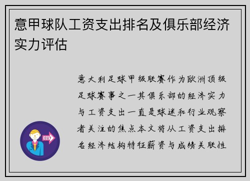 意甲球队工资支出排名及俱乐部经济实力评估