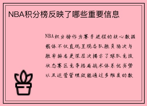 NBA积分榜反映了哪些重要信息